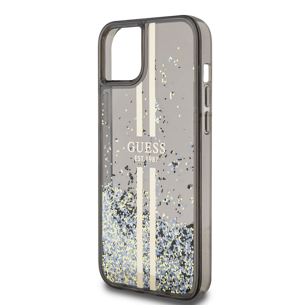 Custodia per Apple iPhone 15 Plus, Guess, Liquid Glitter Gold Stripes, Nera
