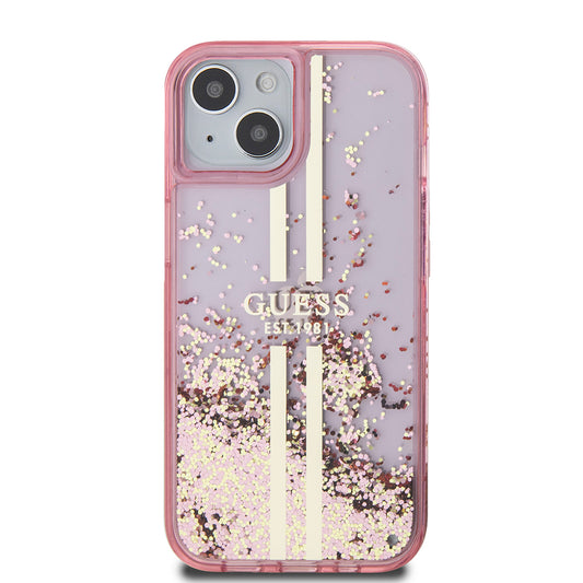 Custodia per Apple iPhone 15 Plus, Guess, Liquid Glitter Gold Stripes, Rosa