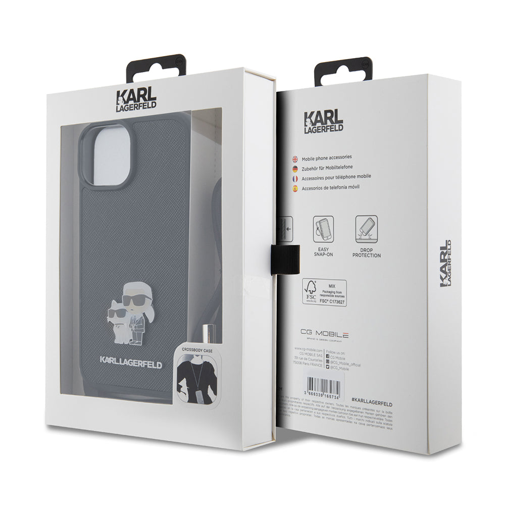 Custodia per Apple iPhone 15 Plus, Karl Lagerfeld, Saffiano Crossbody Metal Pin Karl & Choupette, Nera