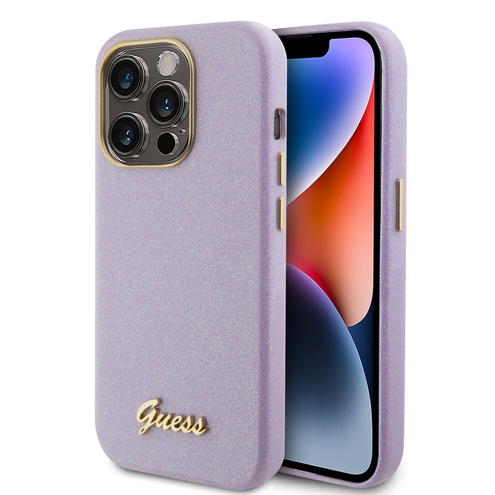 Custodia per Apple iPhone 15 Pro, Guess, Glitter Glossy Script, Lilla Chiaro