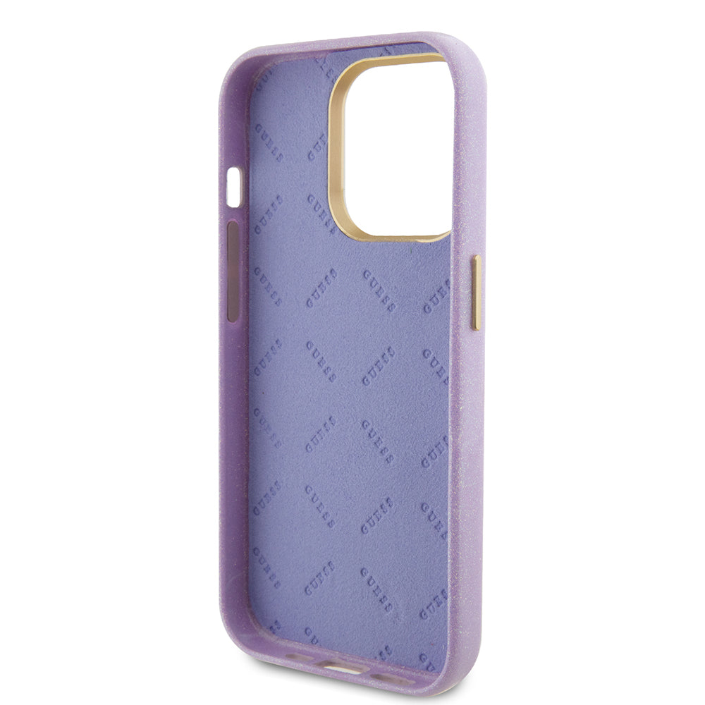 Custodia per Apple iPhone 15 Pro, Guess, Glitter Glossy Script, Lilla Chiaro