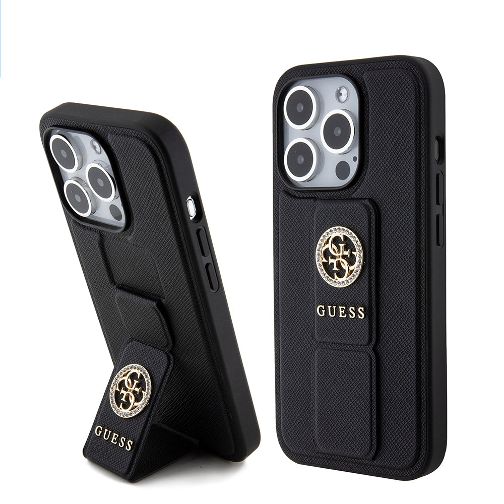 Custodia per Apple iPhone 15 Pro, Guess, Grip Stand 4G Saffiano Strass, Nera