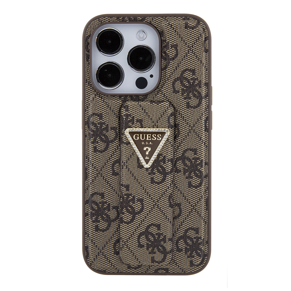 Custodia per Apple iPhone 15 Pro, Guess, Grip Stand 4G Triangle Strass, Marrone