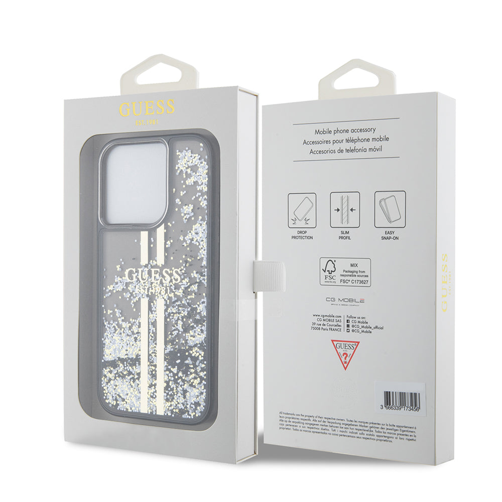Custodia per Apple iPhone 15 Pro, Guess, Liquid Glitter Gold Stripe, Nera