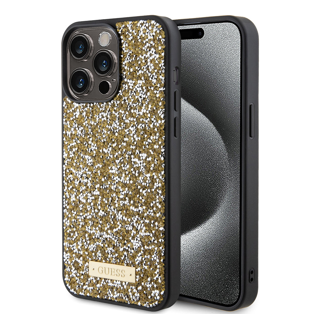 Custodia per Apple iPhone 15 Pro, Guess, Rhinestone Metal Logo, Gialla
