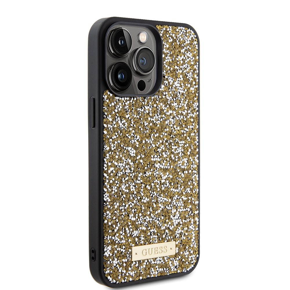 Custodia per Apple iPhone 15 Pro, Guess, Rhinestone Metal Logo, Gialla
