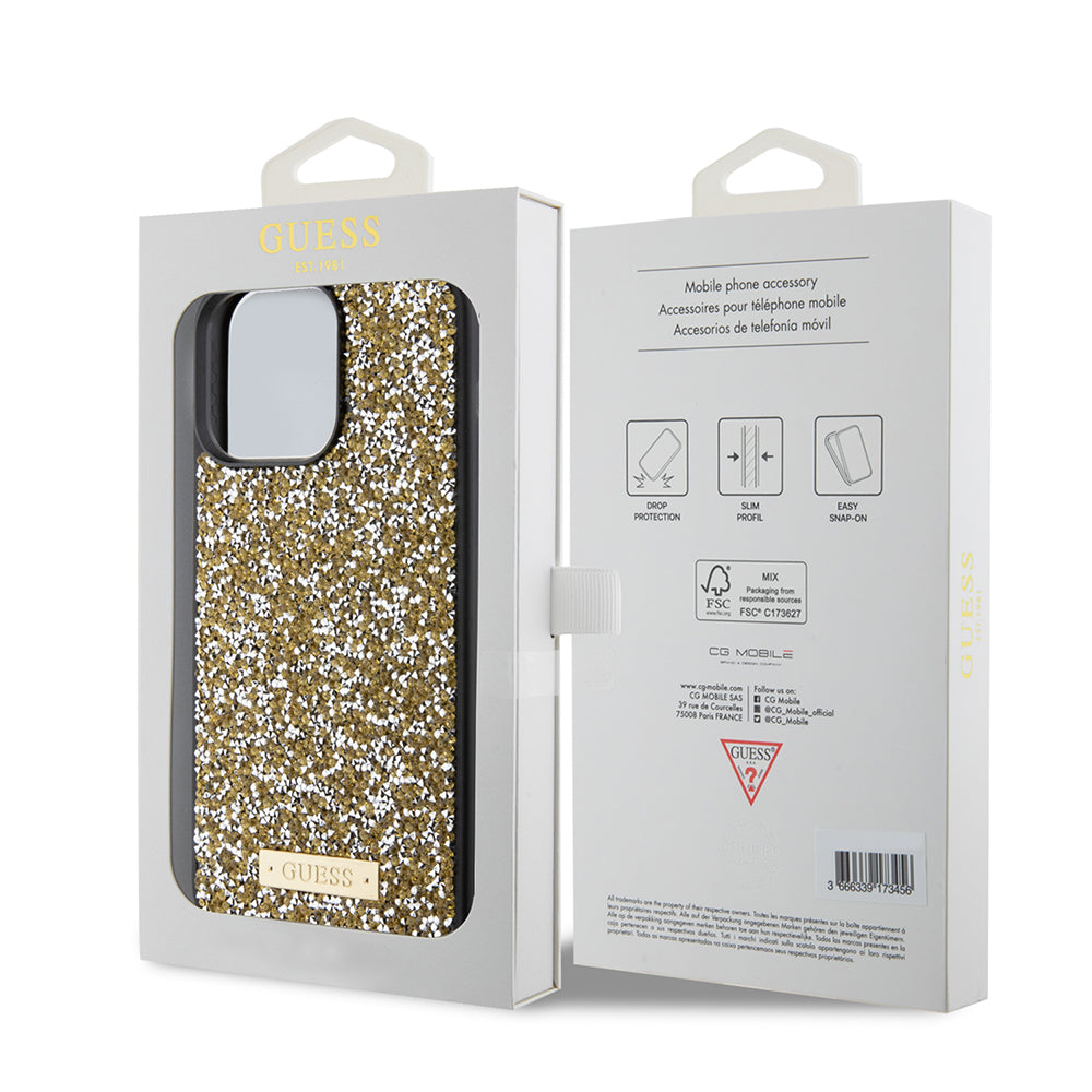 Custodia per Apple iPhone 15 Pro, Guess, Rhinestone Metal Logo, Gialla