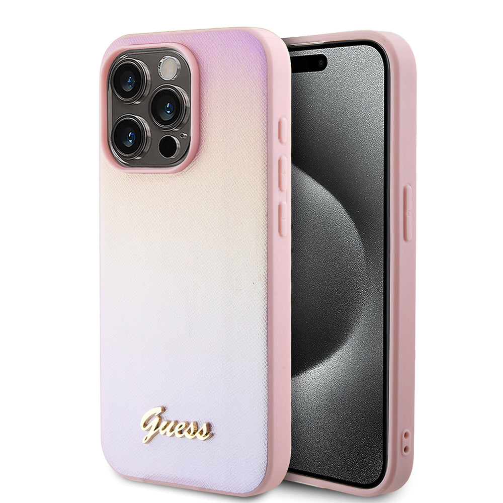 Case for Apple iPhone 15 Pro, Guess, Saffiano Iridescent Script, Pink