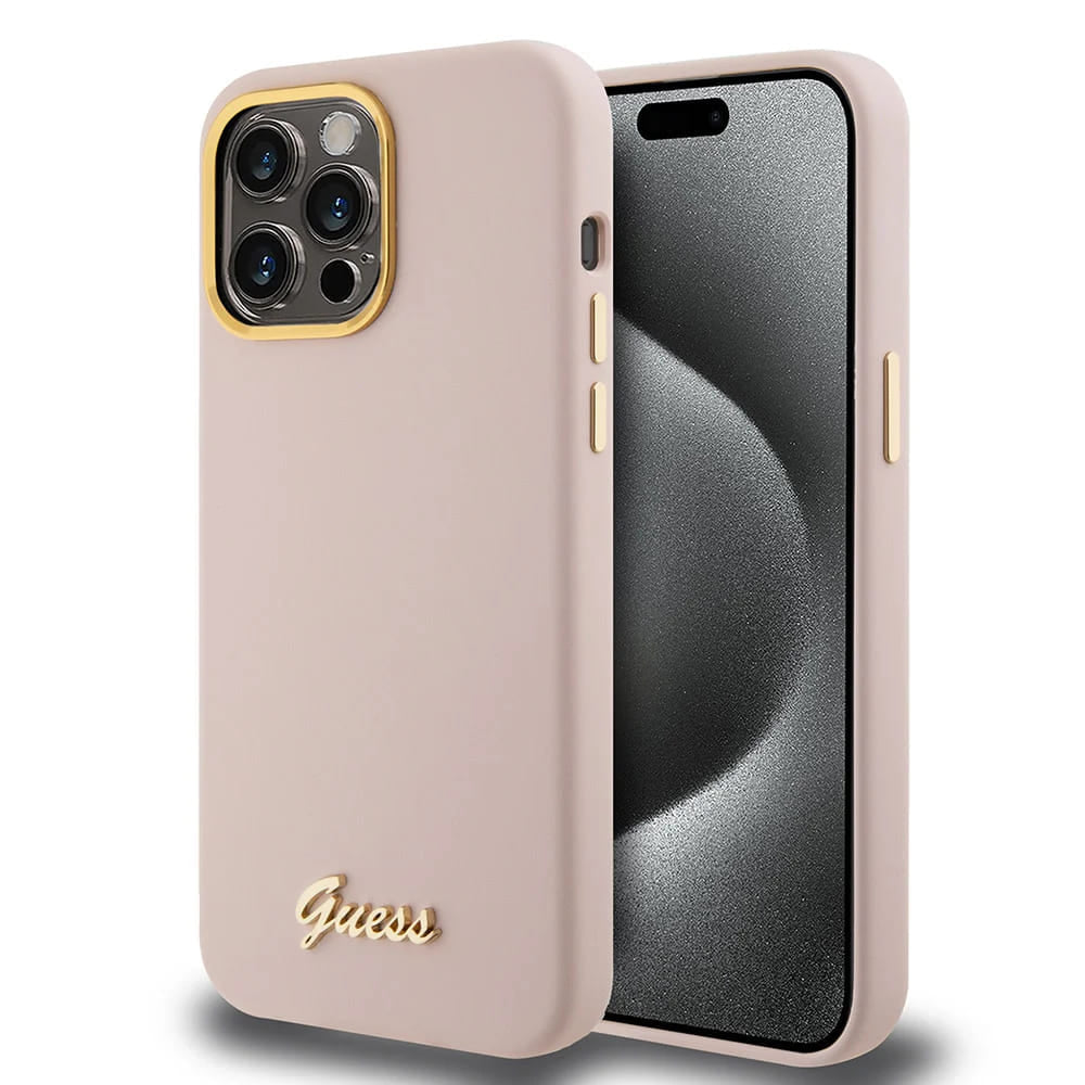 Custodia per Apple iPhone 15 Pro, Guess, Script Metal Logo & Frame, Rosa Chiaro