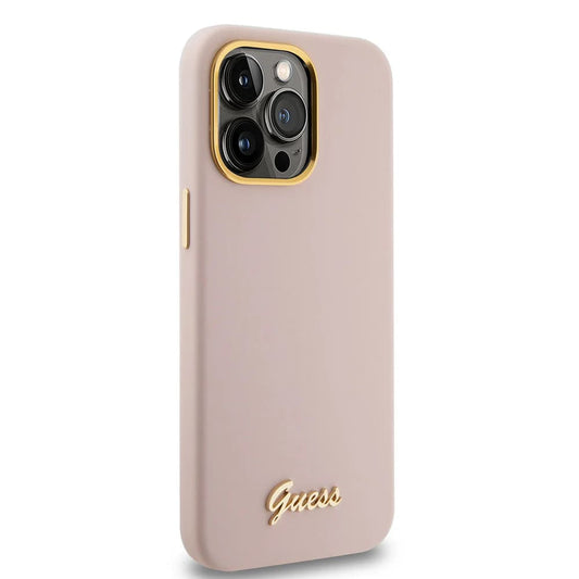 Custodia per Apple iPhone 15 Pro, Guess, Script Metal Logo & Frame, Rosa Chiaro