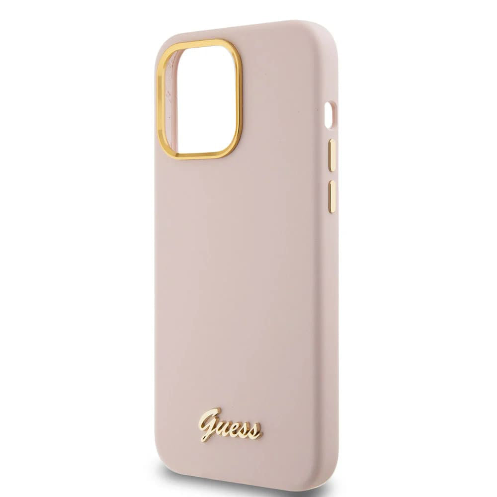 Custodia per Apple iPhone 15 Pro, Guess, Script Metal Logo & Frame, Rosa Chiaro