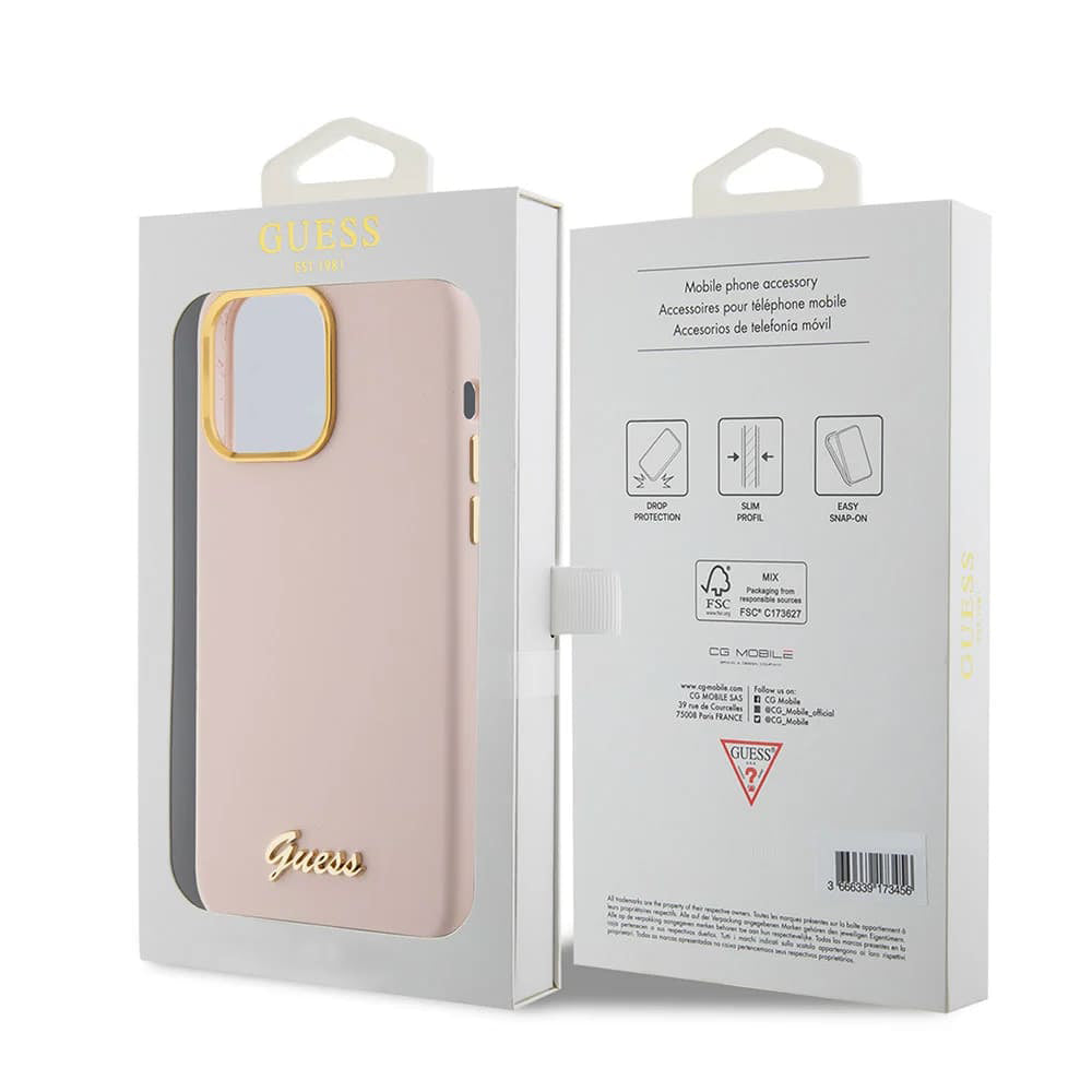 Custodia per Apple iPhone 15 Pro, Guess, Script Metal Logo & Frame, Rosa Chiaro