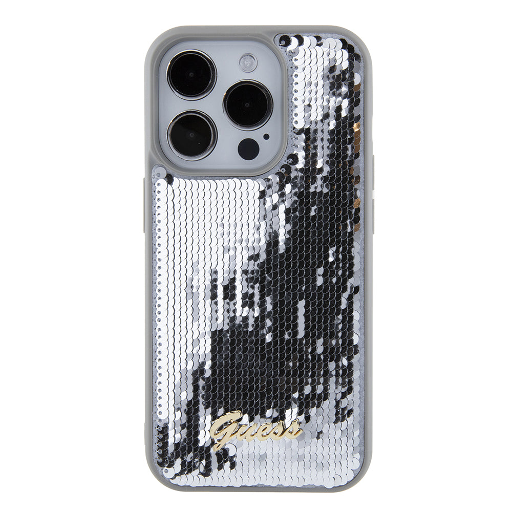 Custodia per Apple iPhone 15 Pro, Guess, Sequin Script Metal, Argento