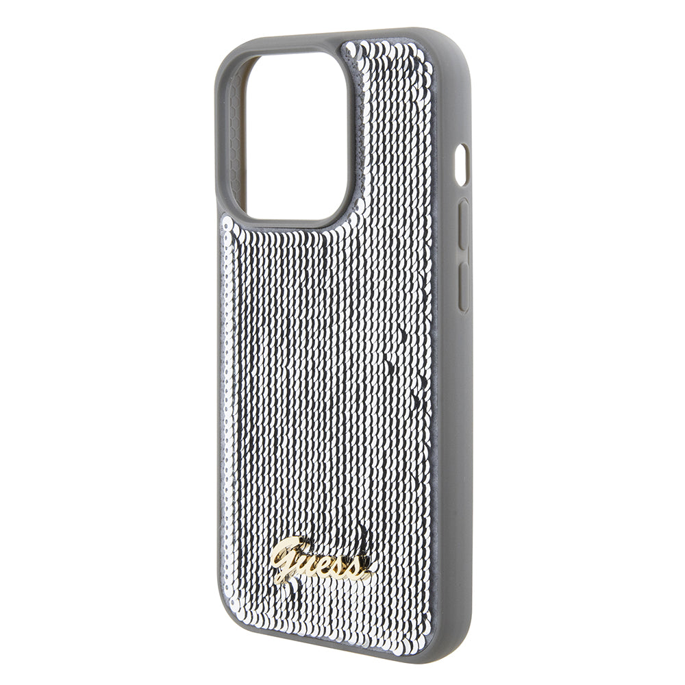 Custodia per Apple iPhone 15 Pro, Guess, Sequin Script Metal, Argento