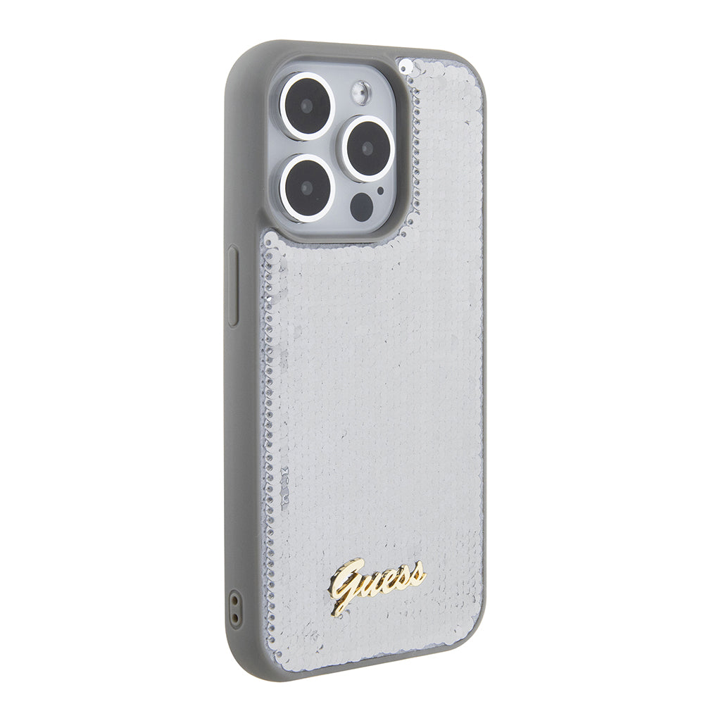 Custodia per Apple iPhone 15 Pro, Guess, Sequin Script Metal, Argento