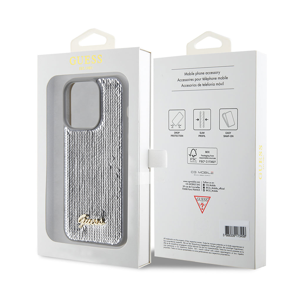 Custodia per Apple iPhone 15 Pro, Guess, Sequin Script Metal, Argento