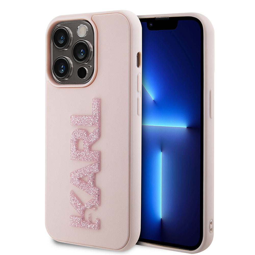Custodia per Apple iPhone 15 Pro, Karl Lagerfeld, 3D Rubber Glitter Logo Karl, Rosa