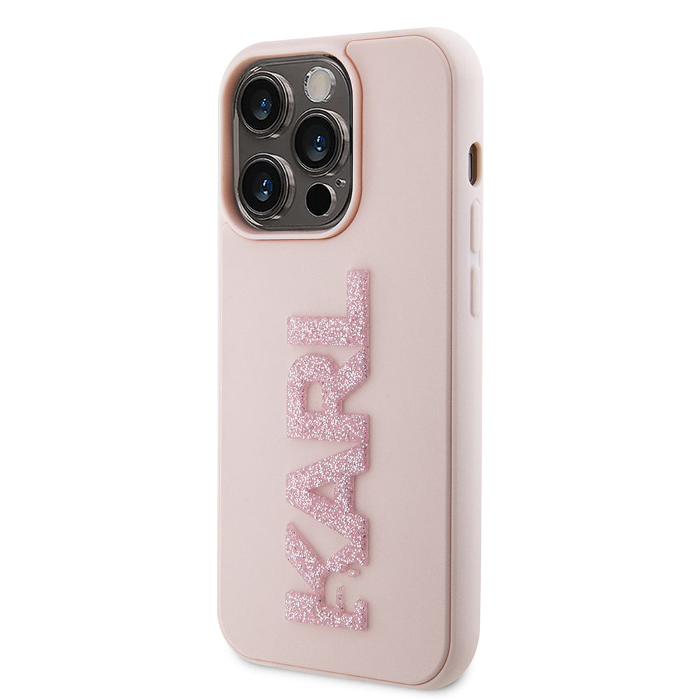 Custodia per Apple iPhone 15 Pro, Karl Lagerfeld, 3D Rubber Glitter Logo Karl, Rosa