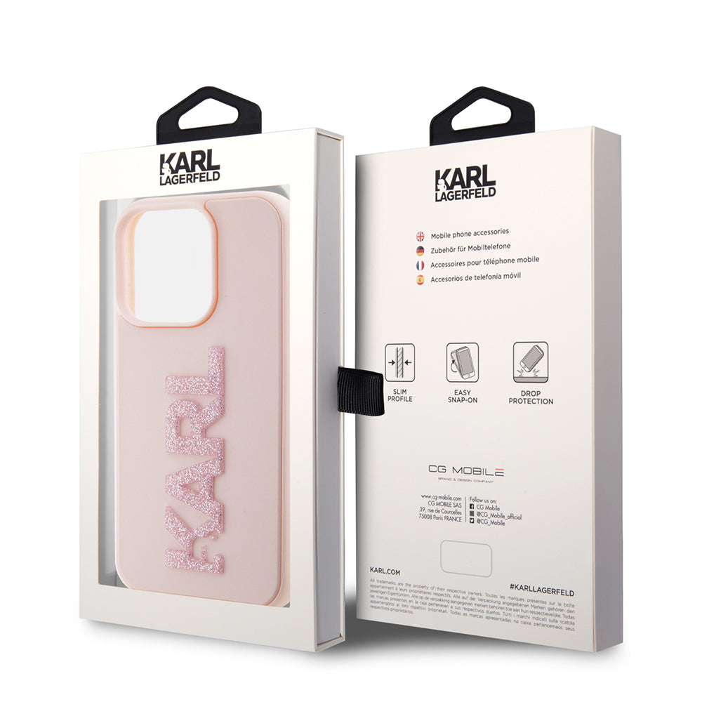 Custodia per Apple iPhone 15 Pro, Karl Lagerfeld, 3D Rubber Glitter Logo Karl, Rosa