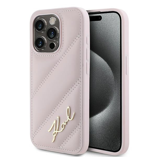 Custodia per Apple iPhone 15 Pro, Karl Lagerfeld, Diagonal Quilted Script, Rosa