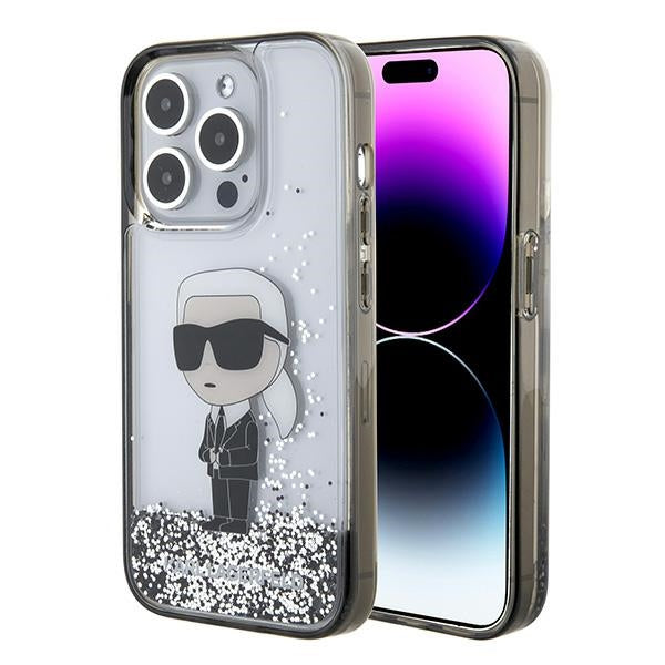 Custodia per Apple iPhone 15 Pro, Karl Lagerfeld, Liquid Glitter Ikonik Karl, Trasparente