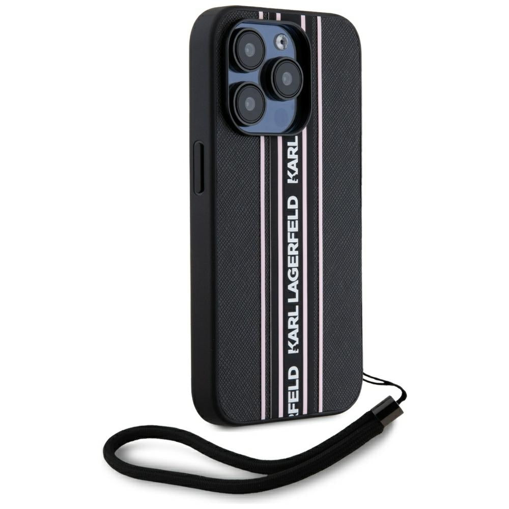 Custodia per Apple iPhone 15 Pro, Karl Lagerfeld, Saffiano Athleisure Stripes with Strap, Rosa
