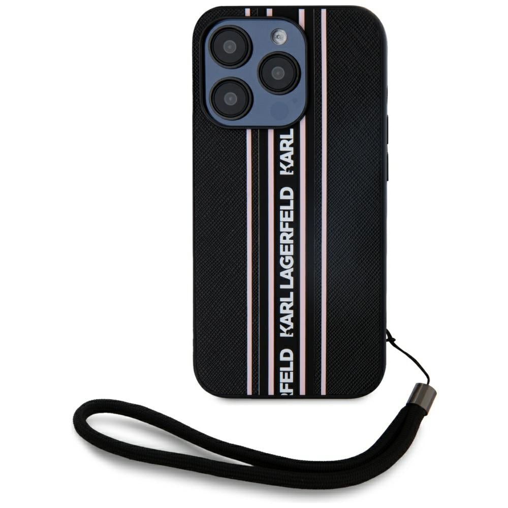 Custodia per Apple iPhone 15 Pro, Karl Lagerfeld, Saffiano Athleisure Stripes with Strap, Rosa