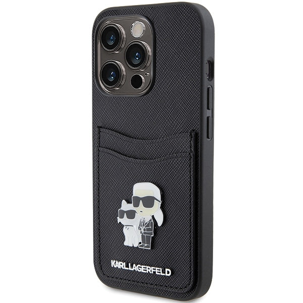 Custodia per Apple iPhone 15 Pro, Karl Lagerfeld, Saffiano Card Slot Metal Karl & Choupette, Nera