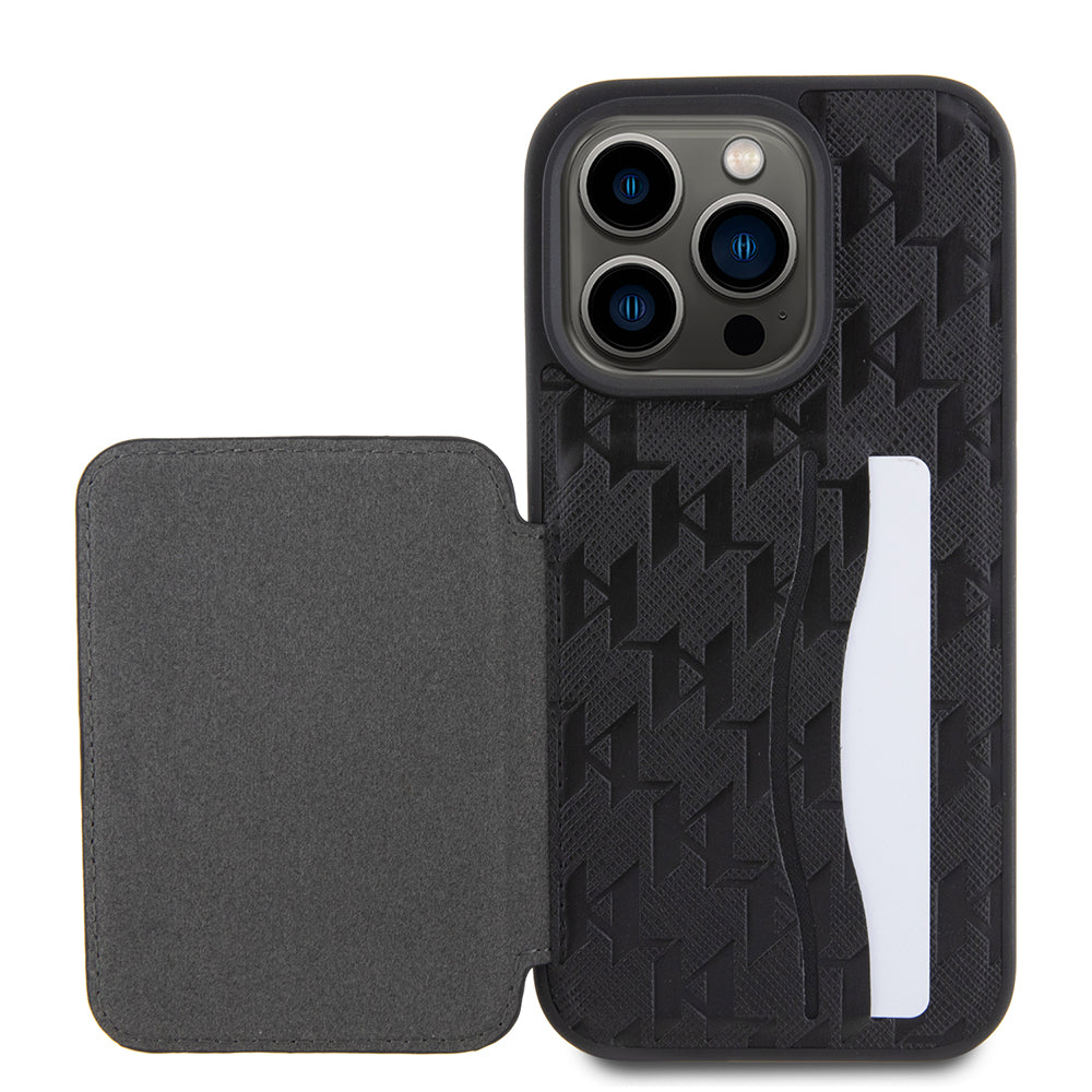 Custodia per Apple iPhone 15 Pro, Karl Lagerfeld, Saffiano Cardslots and Stand Monogram Choupette, Nera