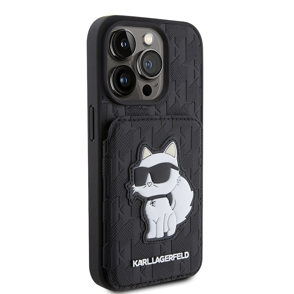 Custodia per Apple iPhone 15 Pro, Karl Lagerfeld, Saffiano Cardslots and Stand Monogram Choupette, Nera