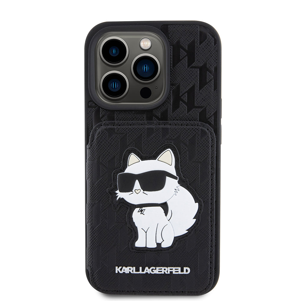Custodia per Apple iPhone 15 Pro, Karl Lagerfeld, Saffiano Cardslots and Stand Monogram Choupette, Nera