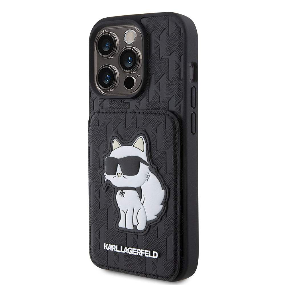 Custodia per Apple iPhone 15 Pro, Karl Lagerfeld, Saffiano Cardslots and Stand Monogram Choupette, Nera