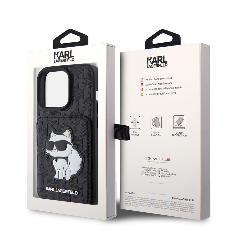 Custodia per Apple iPhone 15 Pro, Karl Lagerfeld, Saffiano Cardslots and Stand Monogram Choupette, Nera