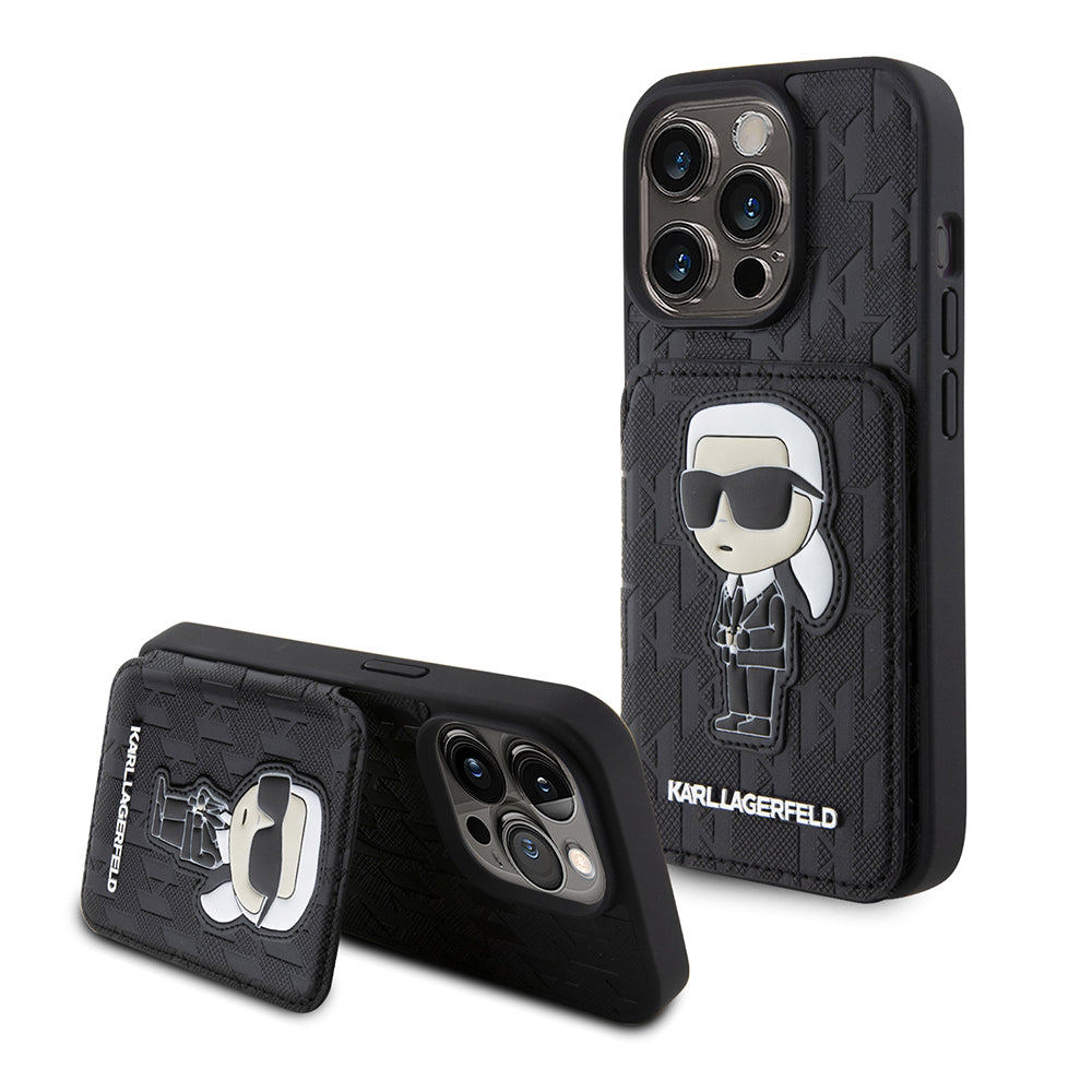 Case for Apple iPhone 15 Pro, Karl Lagerfeld, Saffiano Cardslots and Stand Monogram Ikonik Karl, Black