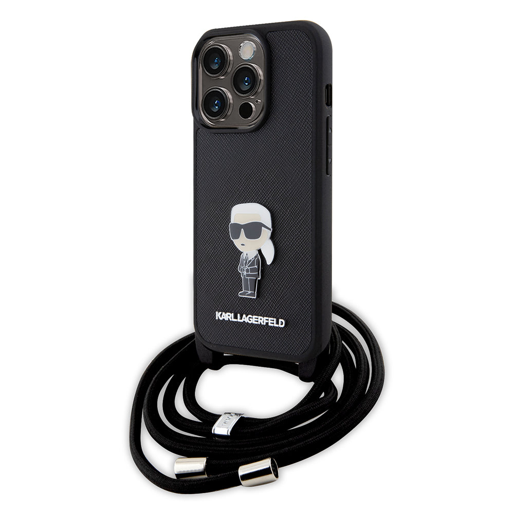 Custodia per Apple iPhone 15 Pro, Karl Lagerfeld, Saffiano Crossbody Monogram Metal Pin Karl, Nera