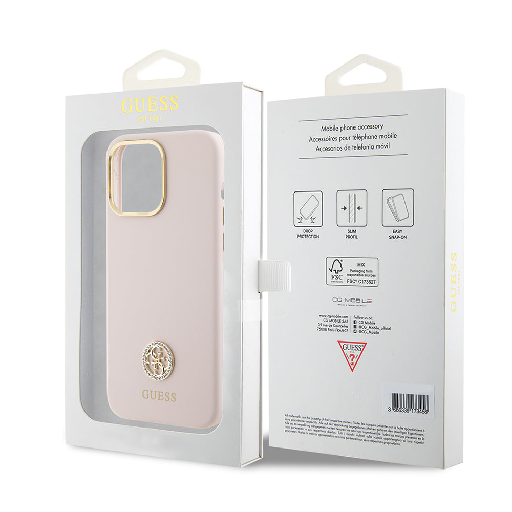 Custodia per Apple iPhone 15 Pro Max, Guess, 4G Strass Metal Logo, Rosa