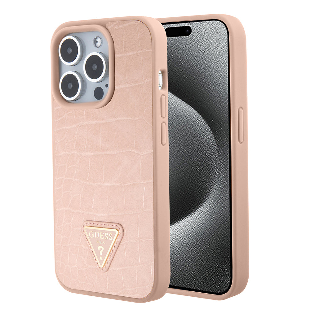 Custodia per Apple iPhone 15 Pro Max, Guess, Croco Triangle Metal Logo, Rosa