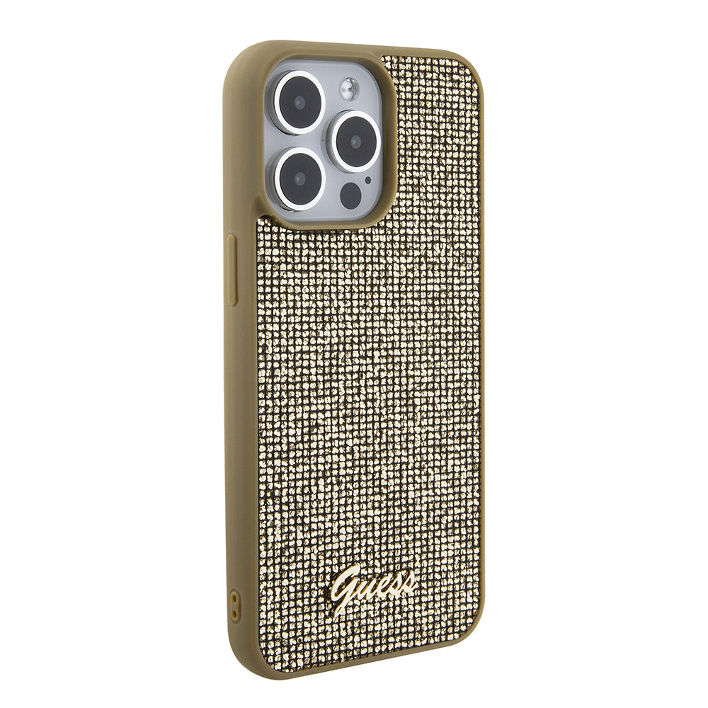 Custodia per Apple iPhone 15 Pro Max, Guess, Disco Metal Script, Dorata