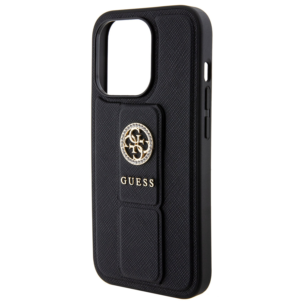 Custodia per Apple iPhone 15 Pro Max, Guess, Grip Stand 4G Saffiano Strass, Nera