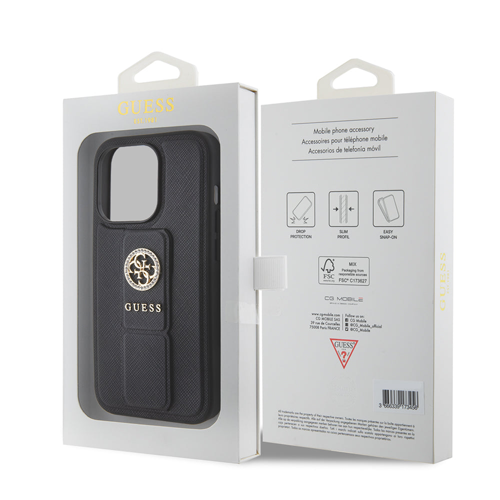 Custodia per Apple iPhone 15 Pro Max, Guess, Grip Stand 4G Saffiano Strass, Nera