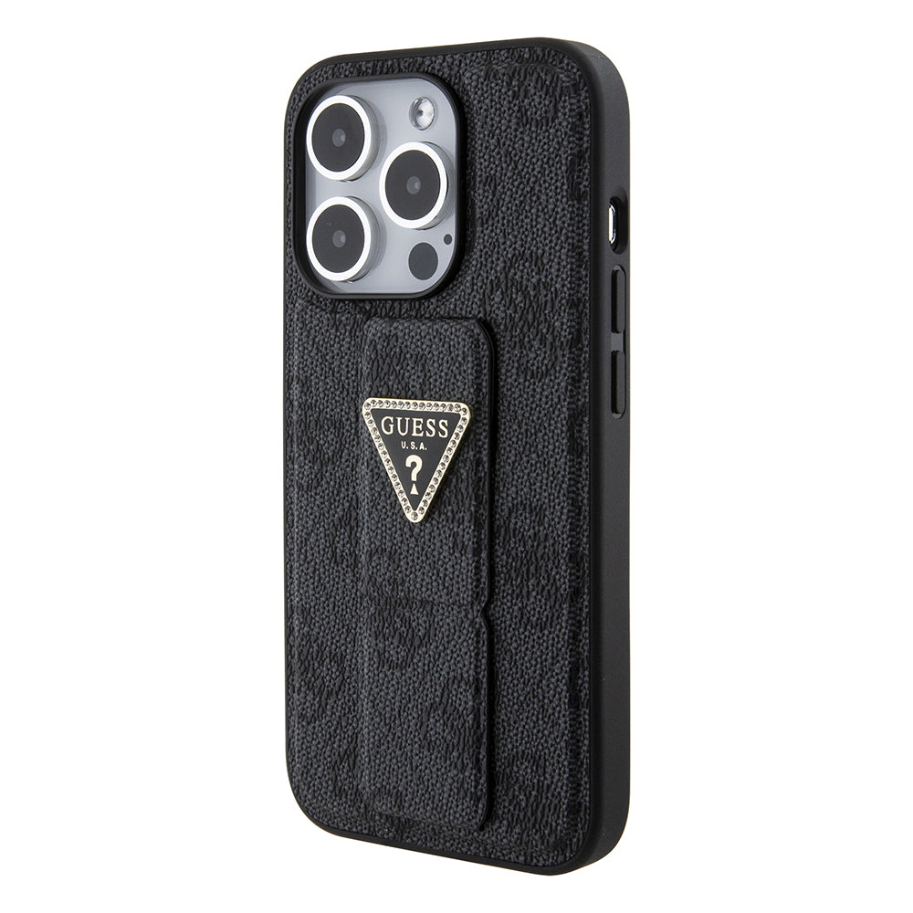 Custodia per Apple iPhone 15 Pro Max, Guess, Grip Stand 4G Triangle Strass, Nera