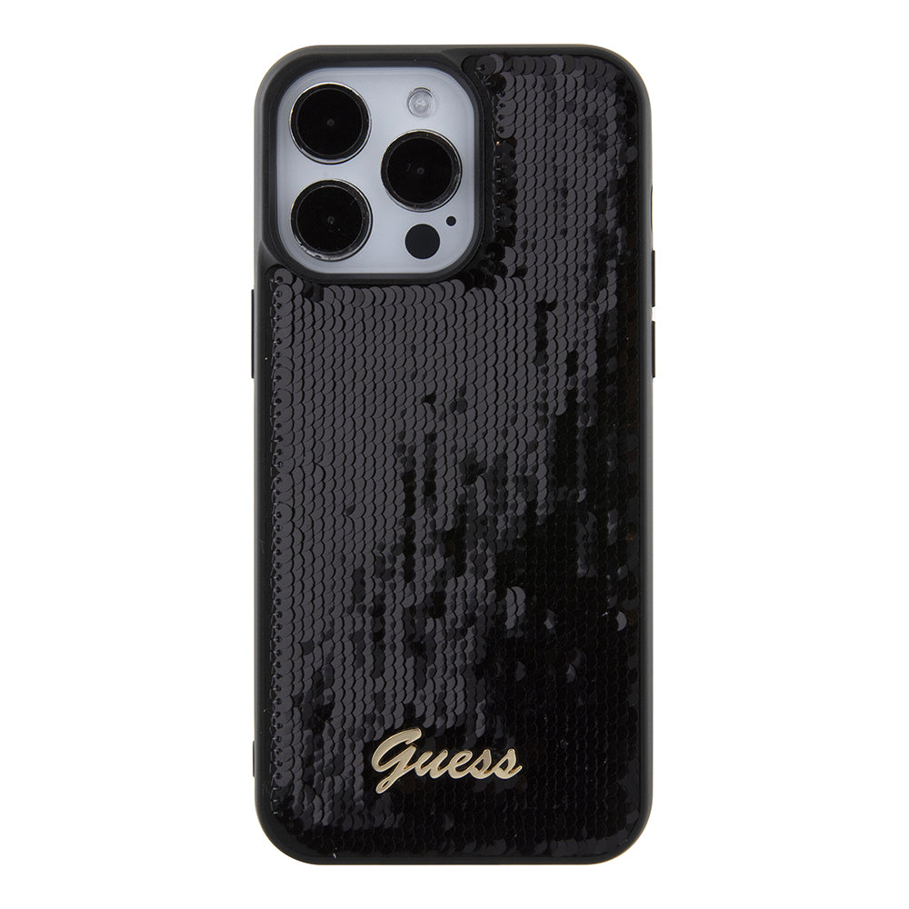 Custodia per Apple iPhone 15 Pro Max, Guess, Sequin Script Logo, Nera GUHCP15XPSFDGSK