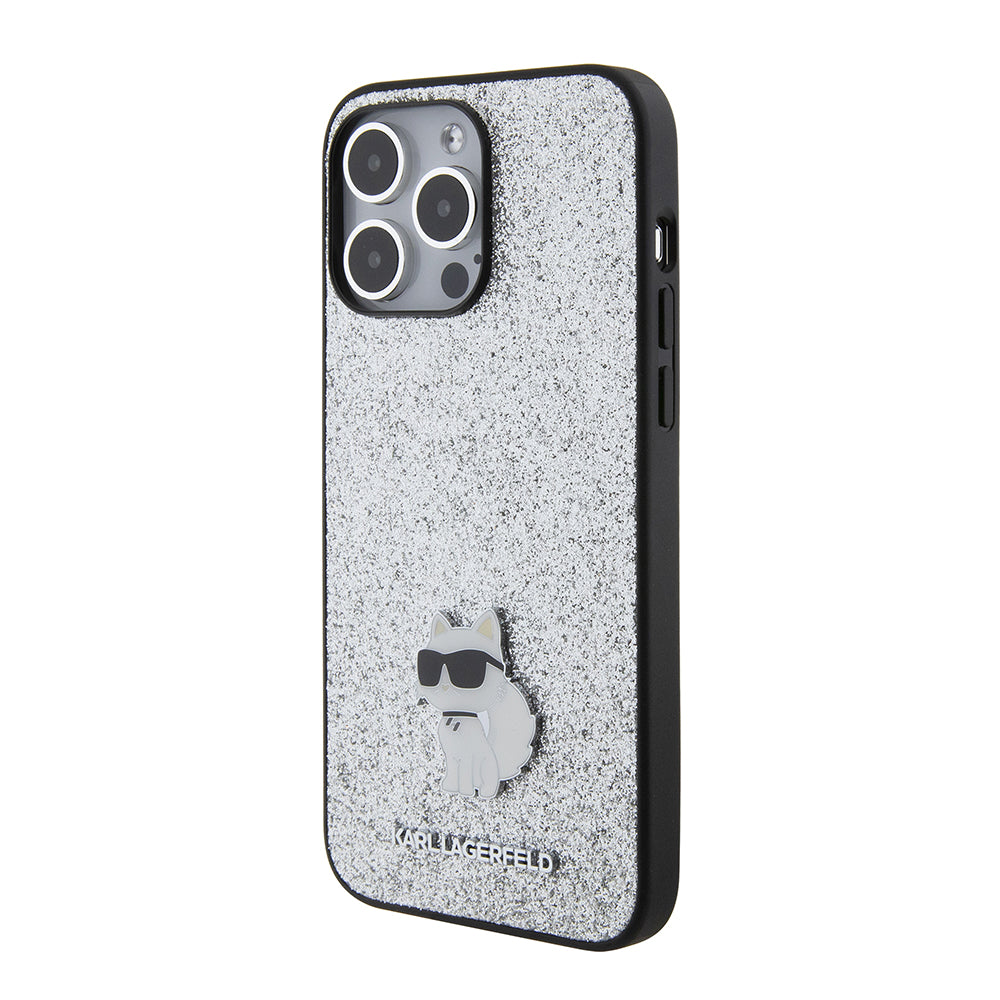 Custodia per Apple iPhone 15 Pro Max, Karl Lagerfeld, Glitter Fixed Choupette Logo, Argento