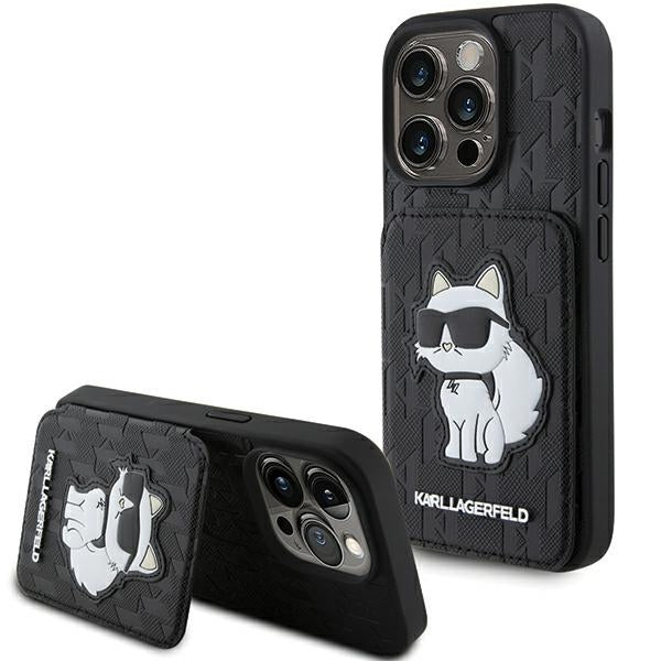 Case for Apple iPhone 15 Pro Max, Karl Lagerfeld, Saffiano Cardslots and Stand Monogram Choupette, Black