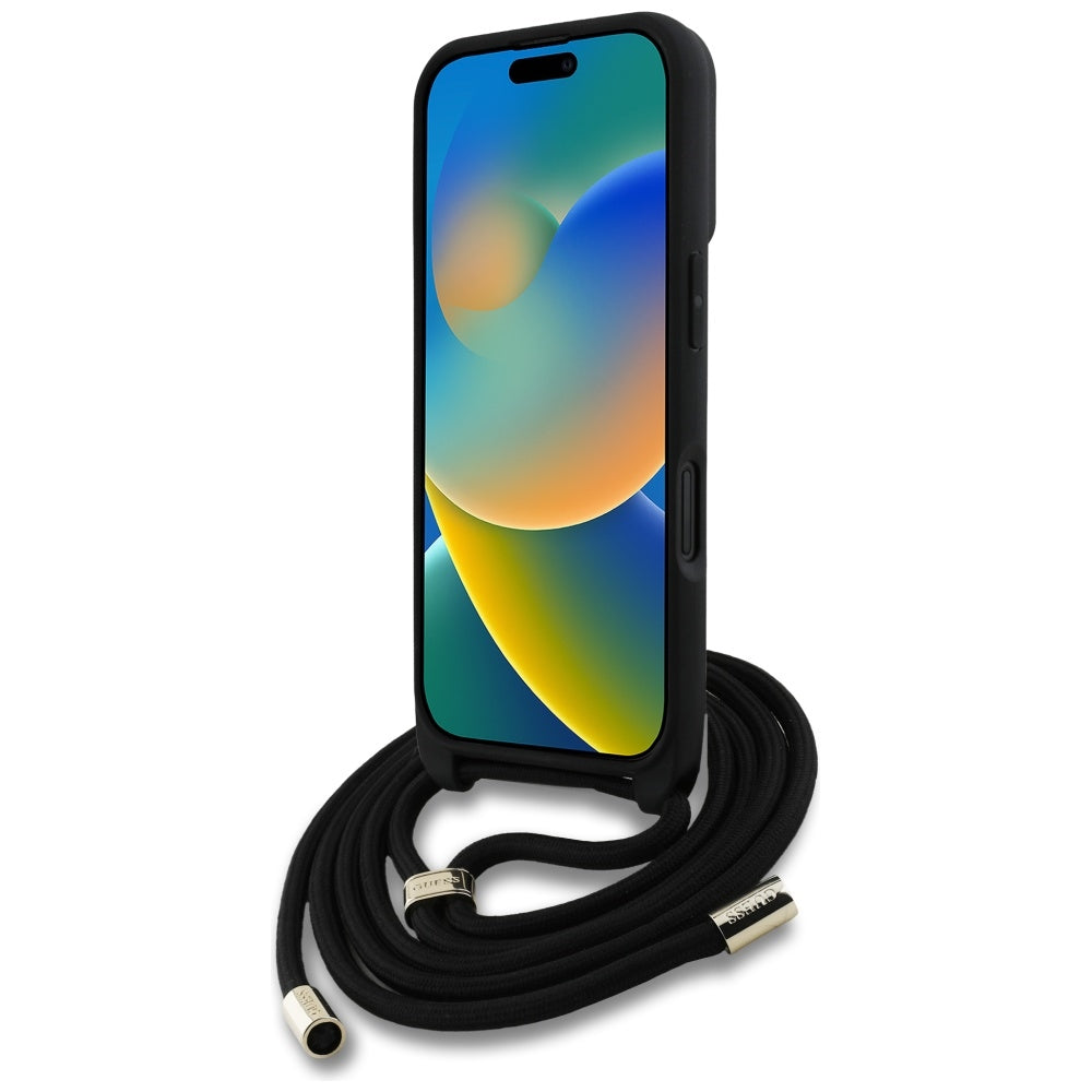 Custodia per Apple iPhone 16, Guess, 4G CBDY Big Logo con Cinturino, Nera