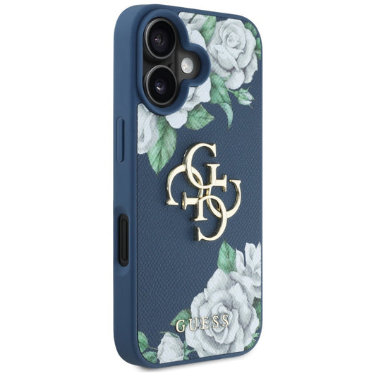 Custodia per Apple iPhone 16, Guess, 4G Grained Roses Big Logo, Blu