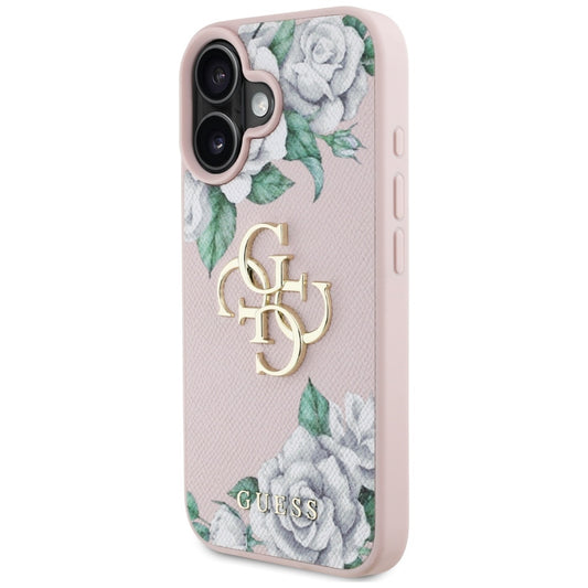 Custodia per Apple iPhone 16, Guess, 4G Grained Roses Big Logo, Rosa