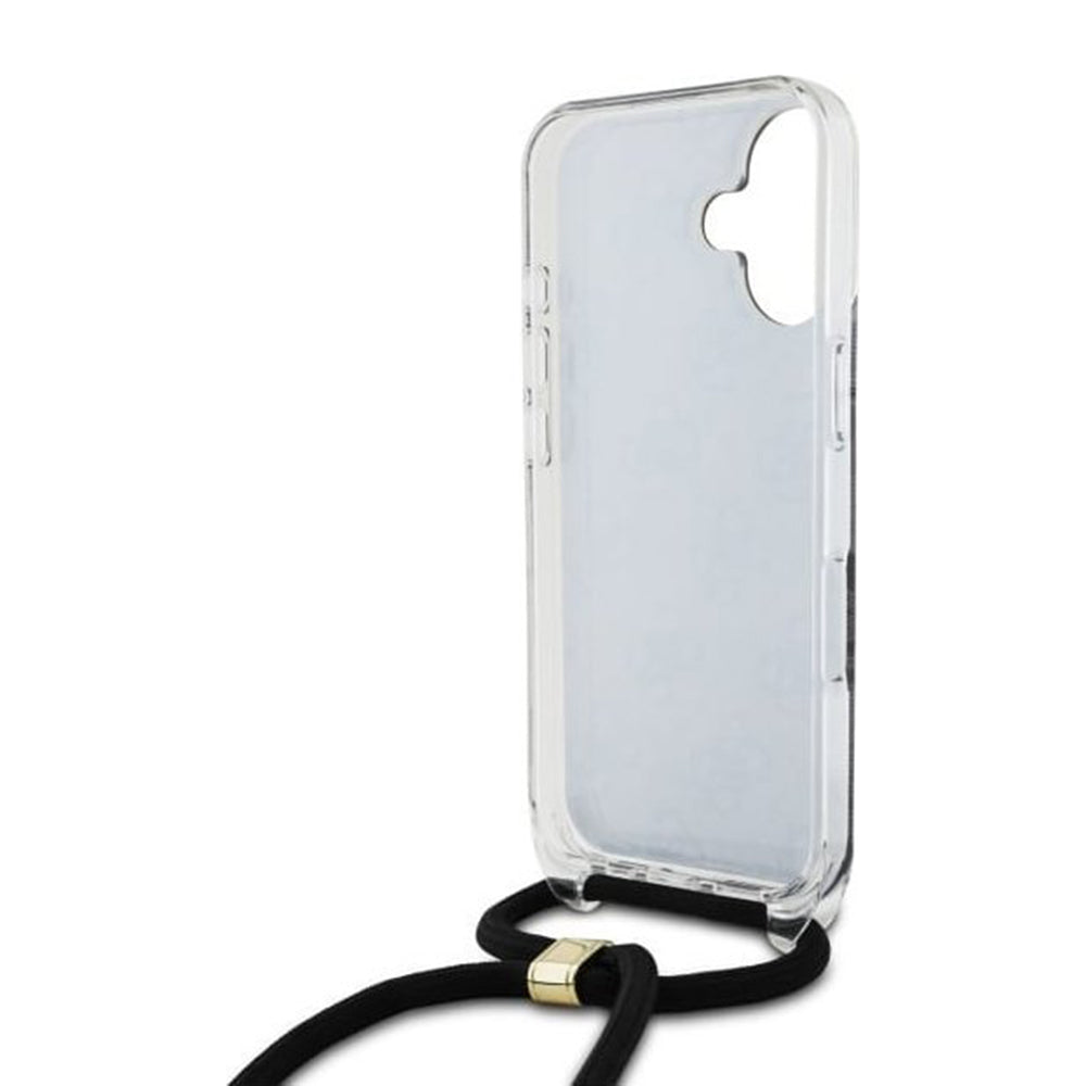 Custodia per Apple iPhone 16, Guess, Crossbody Cord 4G Print, Nera