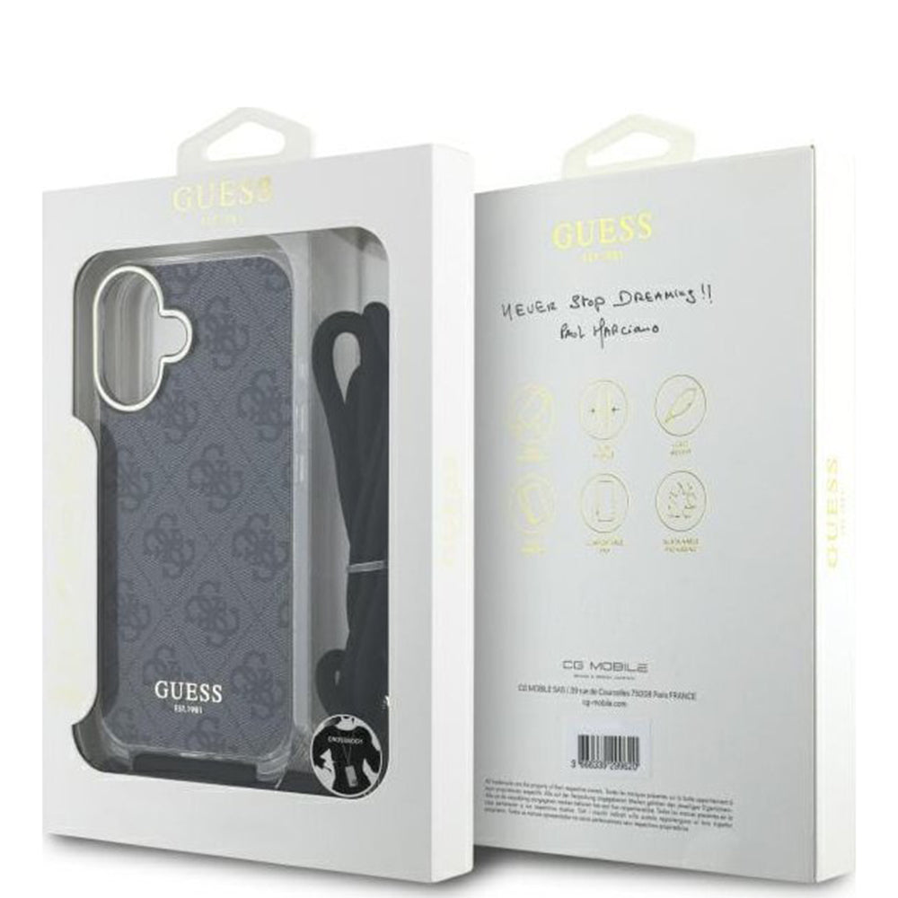 Custodia per Apple iPhone 16, Guess, Crossbody Cord 4G Print, Nera