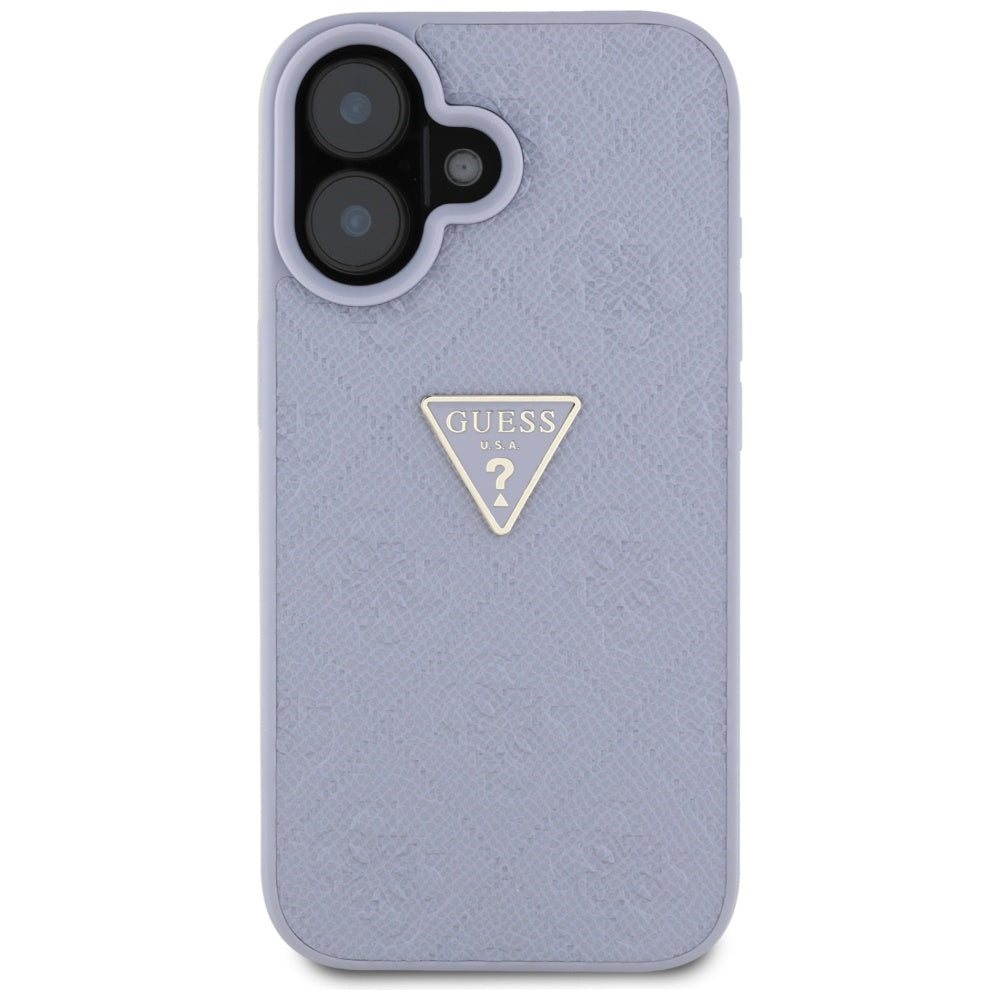 Custodia per Apple iPhone 16, Guess, Hot Stamp 4G Pattern Triangle Logo, Viola Chiaro.